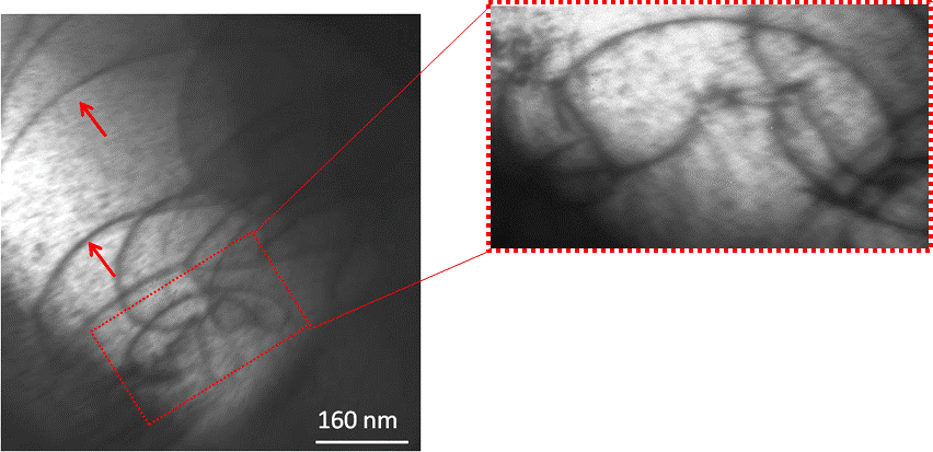 A Frank-Reed dislocation source emitting dislocations (red arrow) in a Ta2C specimen flexural tested near 2000 ºC